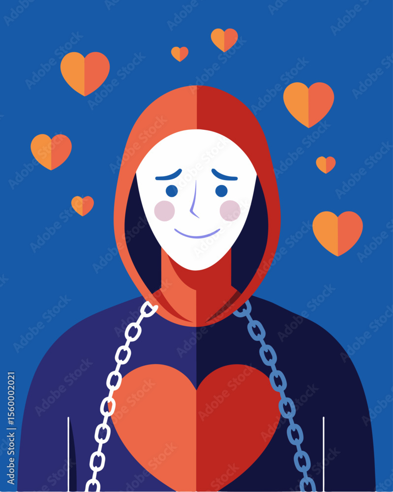 Poster a person wearing a mask of happiness but with invisible chains wrapped tightly around their heart re