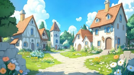 Naklejka premium Enchanting anime village blooms with vibrant flowers and lush trees under a clear sky, inviting creativity and imagination.