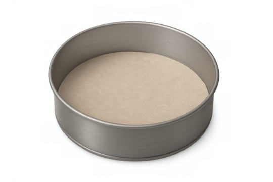 Round baking pan with parchment paper on transparent background