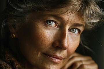 AI-generated illustration of a mature woman with blue eyes and freckles