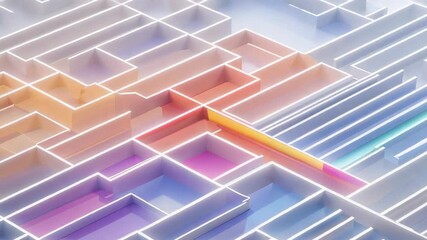 Starting top-down, camera panning across 3D maze space to reveal glowing walls and pastel floors - Powered by Adobe