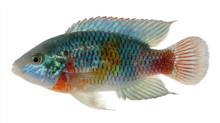 Colorful tropical fish isolated on a white backdrop, showing full body and fins