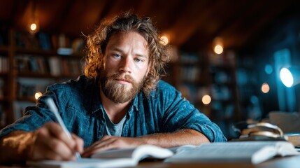 A focused man is deeply engaged in study within a cozy library, showcasing the importance of learning, inspiration, and solitude in an inviting atmosphere.