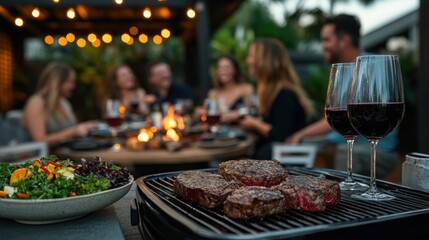 Backyard BBQ party friends sharing grilled steak with wine in warm light setting