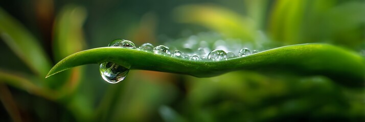 Close up shot of water droplets clinging to a vibrant green leaf in a natural outdoor setting view