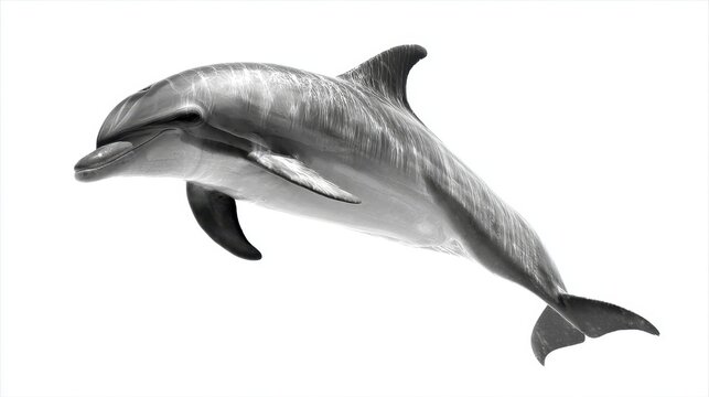 Dolphin in side profile mid-swim against a bright white backdrop