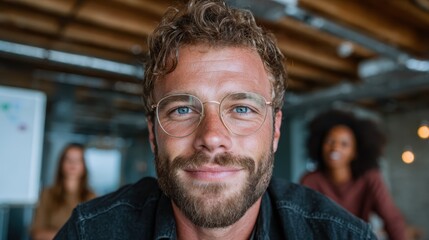 A cheerful young man in a modern workspace captures a moment of self-assurance, conveying positivity and the essence of contemporary professional life in an innovative environment.