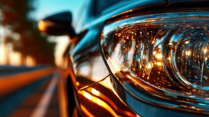 This image captures a close-up view of a car headlight, beautifully reflecting warm sunset light and intricate details, evoking a sense of luxury and elegance.