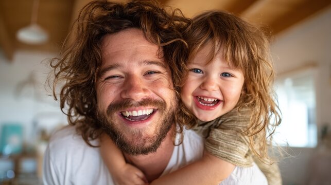 A joyous father and his young daughter share a playful moment filled with laughter, capturing the essence of family love, connection, and the joy of childhood in their expressions.