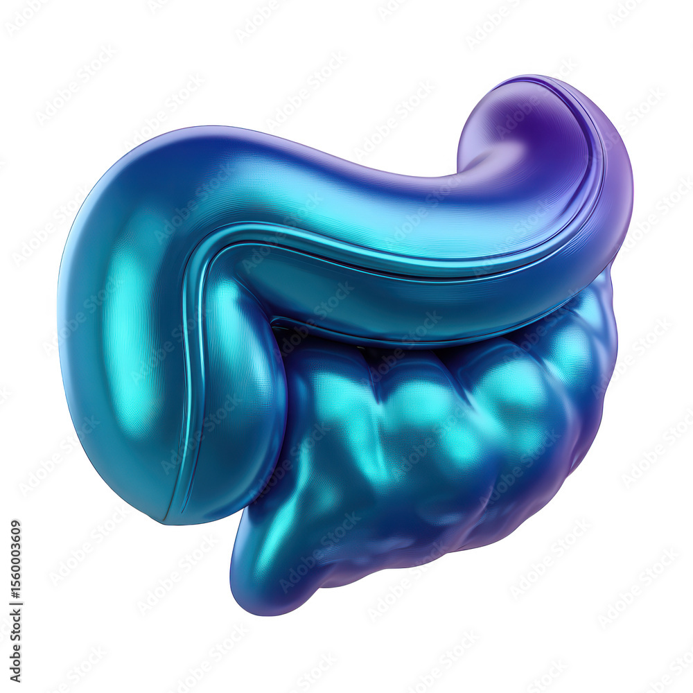 Poster abstract metallic blue and purple intestine shape with smooth reflective surface isolated on transpa