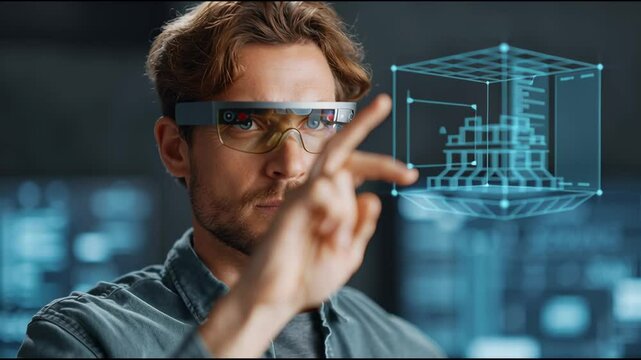 Man in Glasses Pointing at Projected 3D Model in Modern Environment