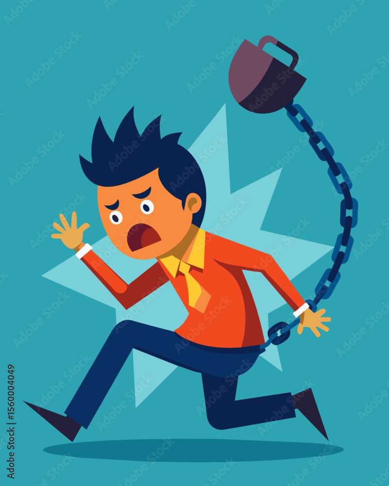 Poster a character struggling to break free from invisible chains representing the mental constraints they 