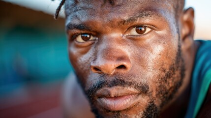A gripping close-up of a determined athlete showcasing intense focus and sweat, perfect for themes of perseverance, strength, and dedication in sports imagery.