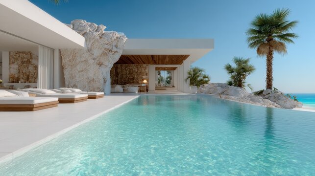 A modern villa showcases an exquisite infinity pool overlooking the ocean, surrounded by palm trees, epitomizing luxury living and a tranquil escape into nature.