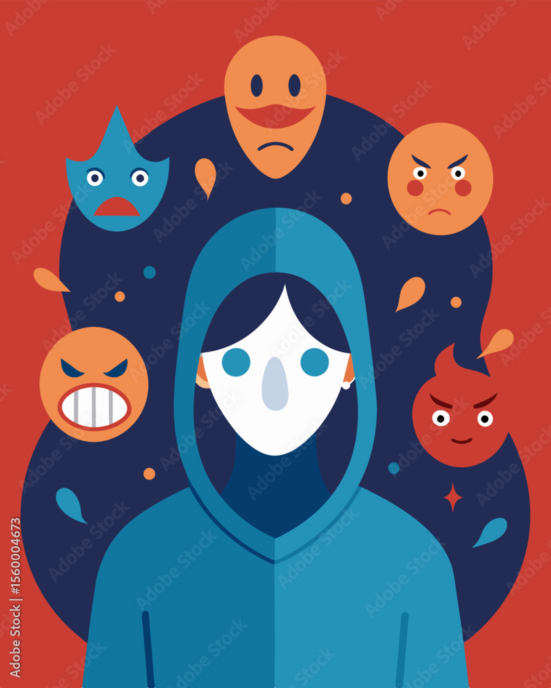 Poster a person with a mask on hiding their true thoughts and emotions while being controlled by outside fo