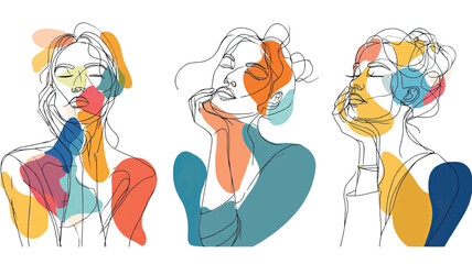 Obraz premium Abstract line art of three women in thoughtful poses with colorful shapes