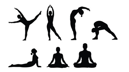 Minimalist Exercise Pose Icon Set – Black and White Stick Figure Illustrations of Movement and Stretching