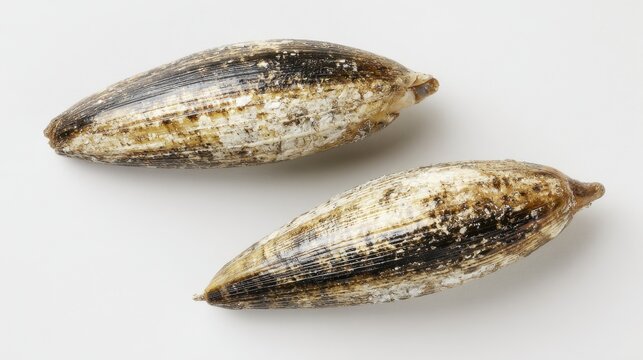 Razor clam shell pair positioned together on a white background