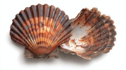 Obraz premium Sea scallop with fan-shaped shell opened slightly on white backdrop