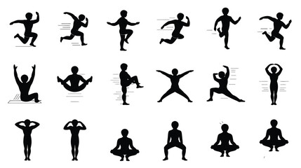 Minimalist Exercise Pose Icon Set – Black and White Stick Figure Illustrations of Movement and Stretching