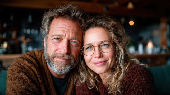 A middle-aged couple shares a tender moment, radiating love and affection as they pose close together, capturing a beautiful connection filled with warmth and intimacy in their expressions.