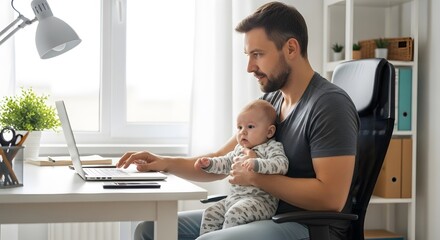 Father working from home with baby multitasking parental leave remote work balancing family and career father's day