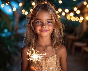 Smiling girl with sparkler at night