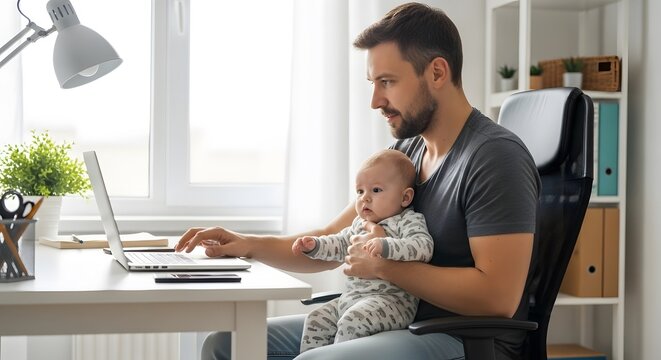 Father working from home with baby multitasking parental leave remote work balancing family and career father's day