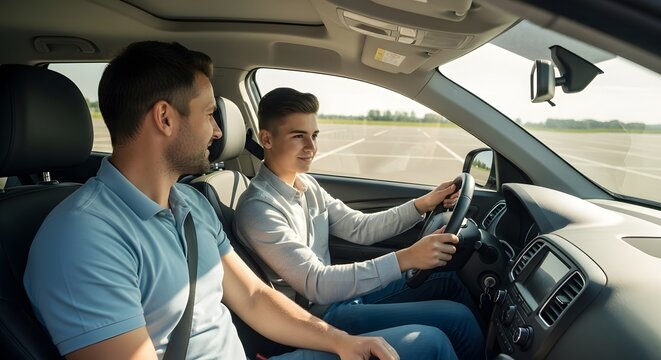 Teen learning to drive with instructor driving school car safety driver education license test practice father's day