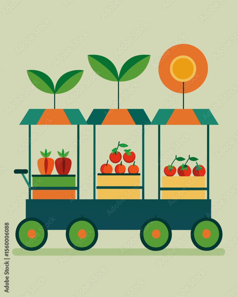 Poster a line of solarpowered carts each with their own unique design selling locallygrown fruits and veget