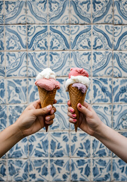 Two hands holding artisanal gelato cones with dual pastel flavors in front of a vintage blue-and-white tiled wall.