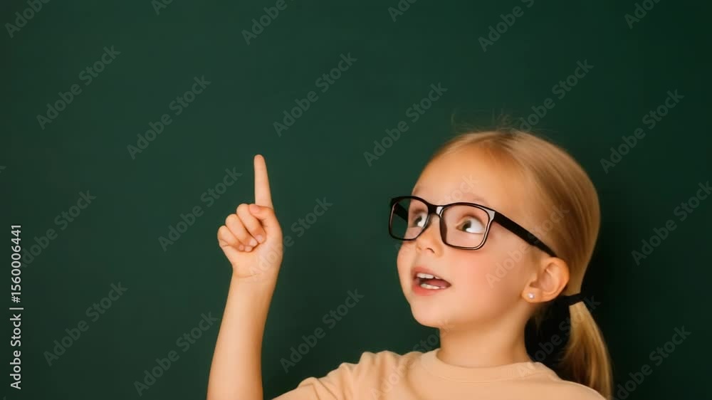 Poster shocked schoolgirl wearing eyeglasses pointing index finger up at empty green school blackboard havi