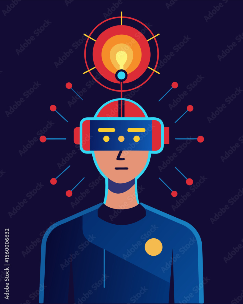 Poster a person with a glowing device attached to their head transmitting signals to control their thoughts