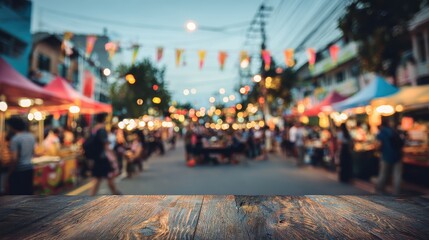Fototapeta premium Festival Vendors. Abstract Blurred Background of Food Fair with Bokeh Effect at Twilight in Chiang Mai