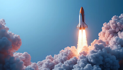 Creative shuttle rocket takes off successfully with blast and clouds of smoke on a blue background, concept. Spaceship launches, creative idea