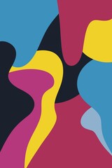 Colorful abstract fluid shapes in a modern, minimalist composition. Organic curved forms in blue, yellow, magenta, black, and light blue create a vibrant and playful visual, perfect for contemporary