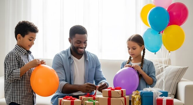 African american family celebrating birthday party with balloons and gifts at home celebration event father's day - Powered by Adobe