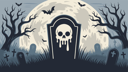 Halloween Graveyard with Skull Tombstone, Bats, Full Moon, and Bare Trees Illustration