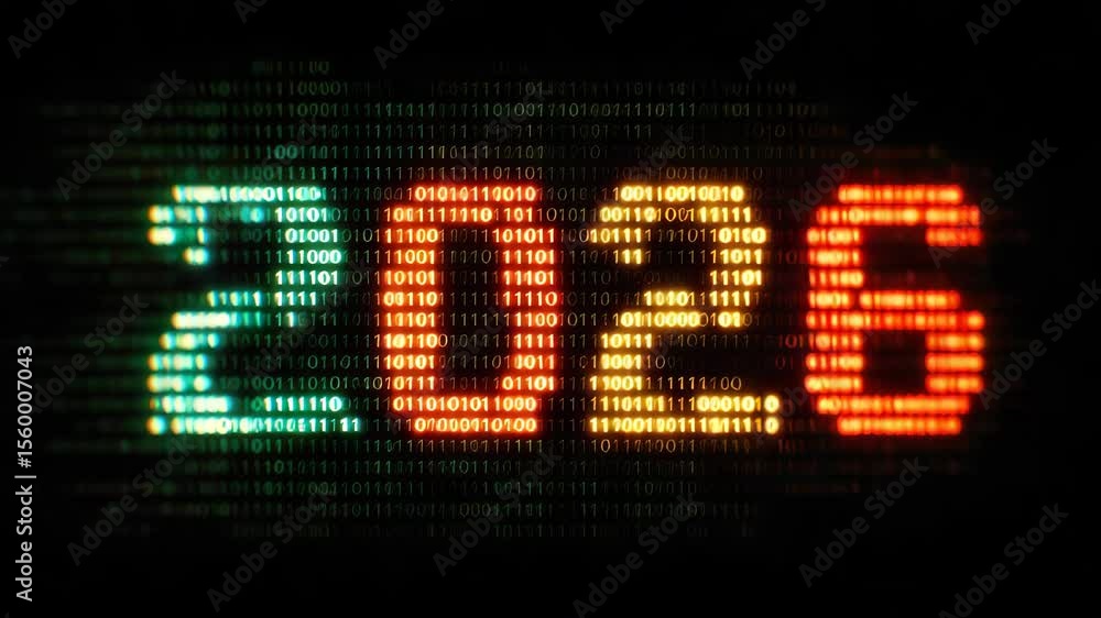 Poster 2026 colorful number on digital binary code background illustrated animation