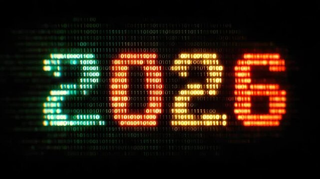2026 colorful number on digital binary code background illustrated animation