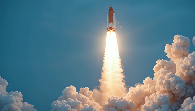 Creative shuttle rocket takes off successfully with blast and clouds of smoke on a blue background, concept. Spaceship launches, creative idea