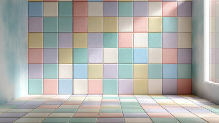 Pastel iridescent tile room with reflective glossy surface