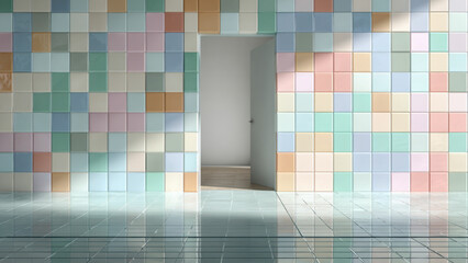Pastel iridescent tile room with reflective glossy surface