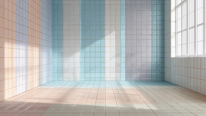 Pastel iridescent tile room with reflective glossy surface
