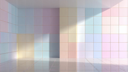 Pastel iridescent tile room with reflective glossy surface