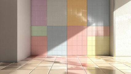 Pastel iridescent tile room with reflective glossy surface