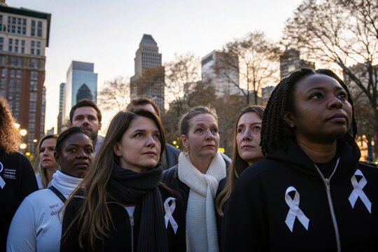 A diverse group of people wearing white ribbons in solidarity for lung cancer awareness