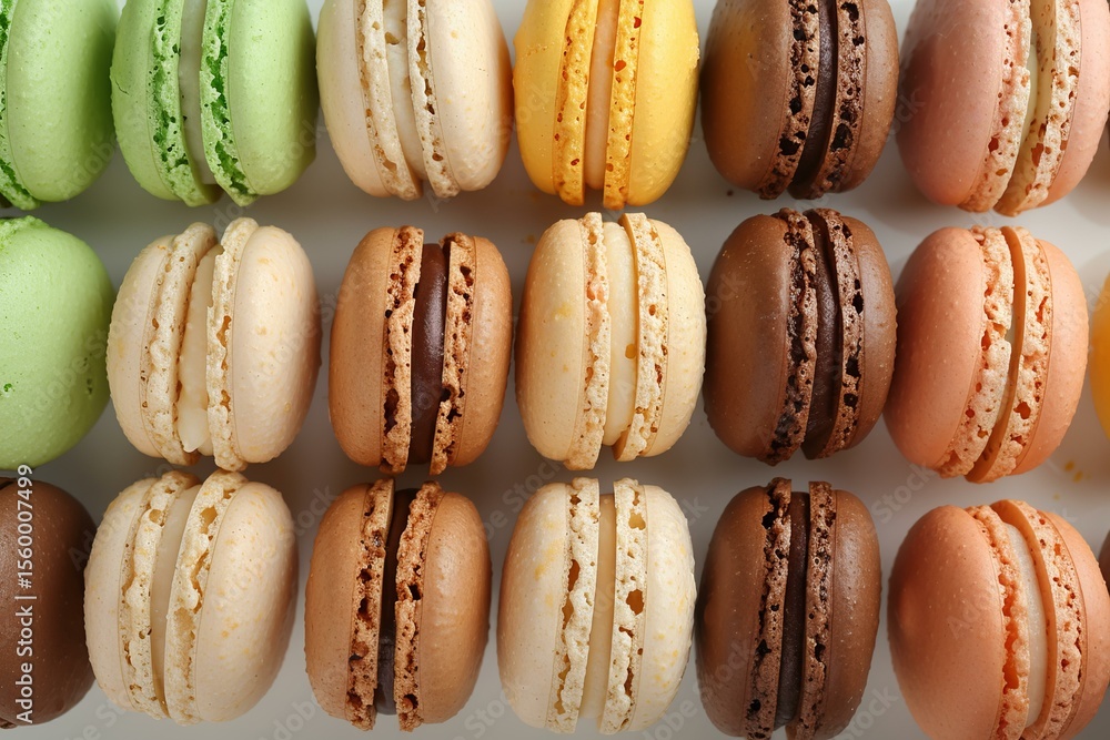 Poster rows of vibrant and colorful macarons create a visually appealing pattern, showcasing various flavor