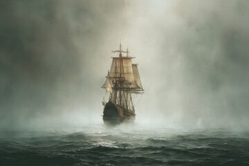 Fototapeta premium Fog Old Ship. Dramatic Pirate Ship Lost in North Sea Storm Illustration