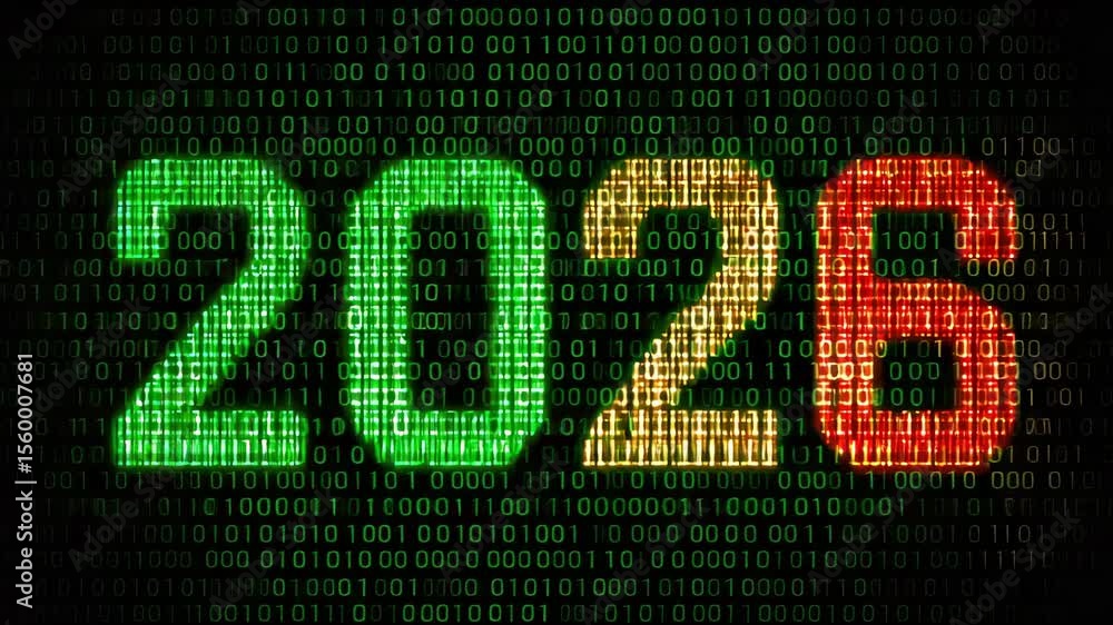 Poster 2026 colorful number on digital binary code background illustrated animation